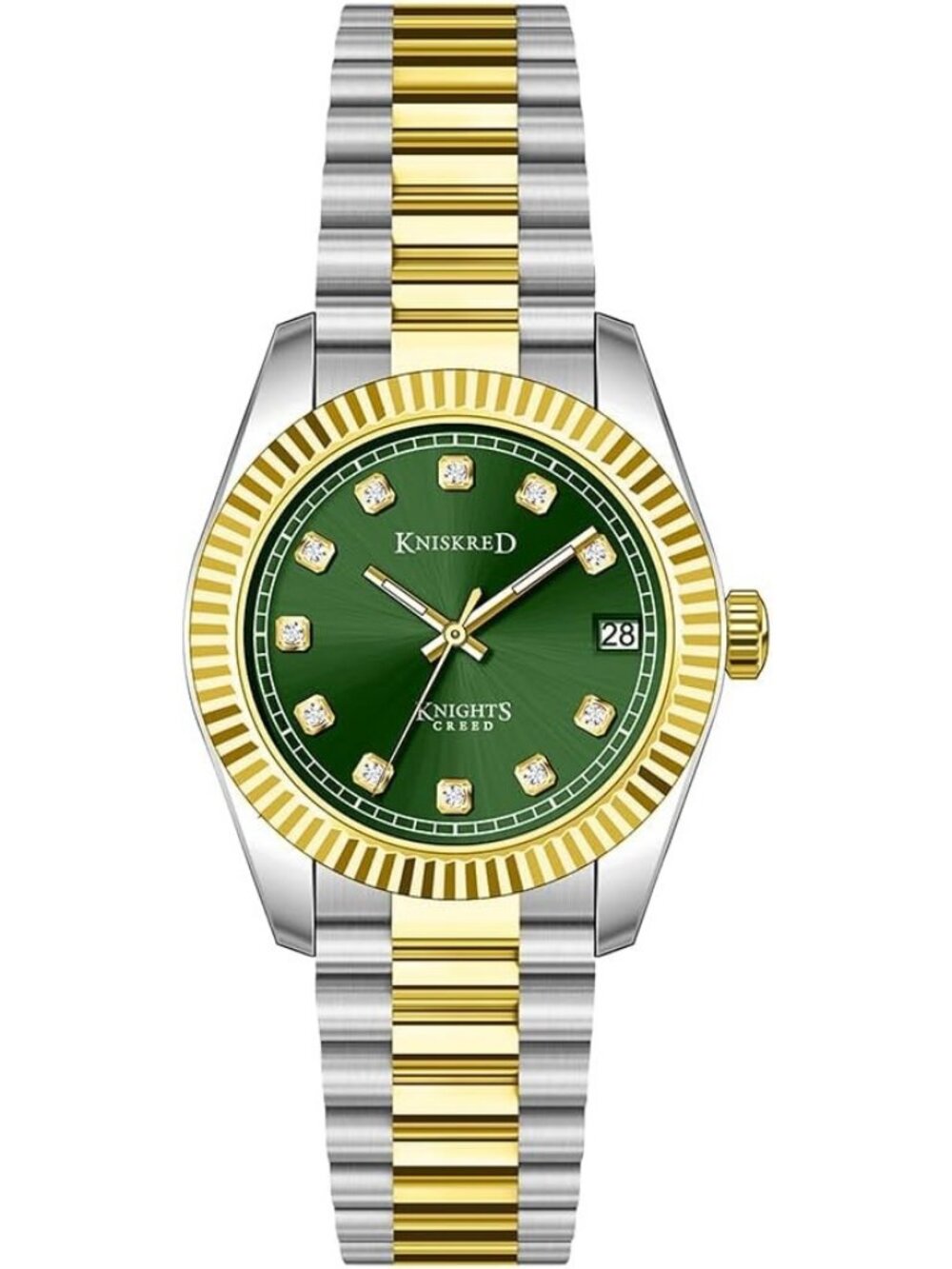 Women's Silver Green Crystal Accented Dial Solid Stainless Steel Band Wristwatch
